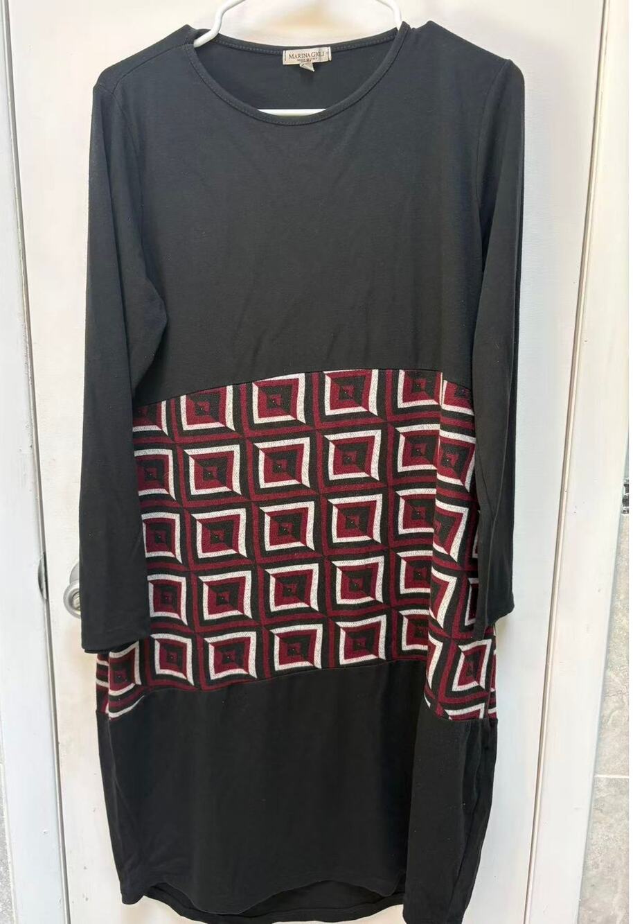 Marina Gigli Italy Womens Black Geometric Shift Dress Long Sleeve Knit Size L